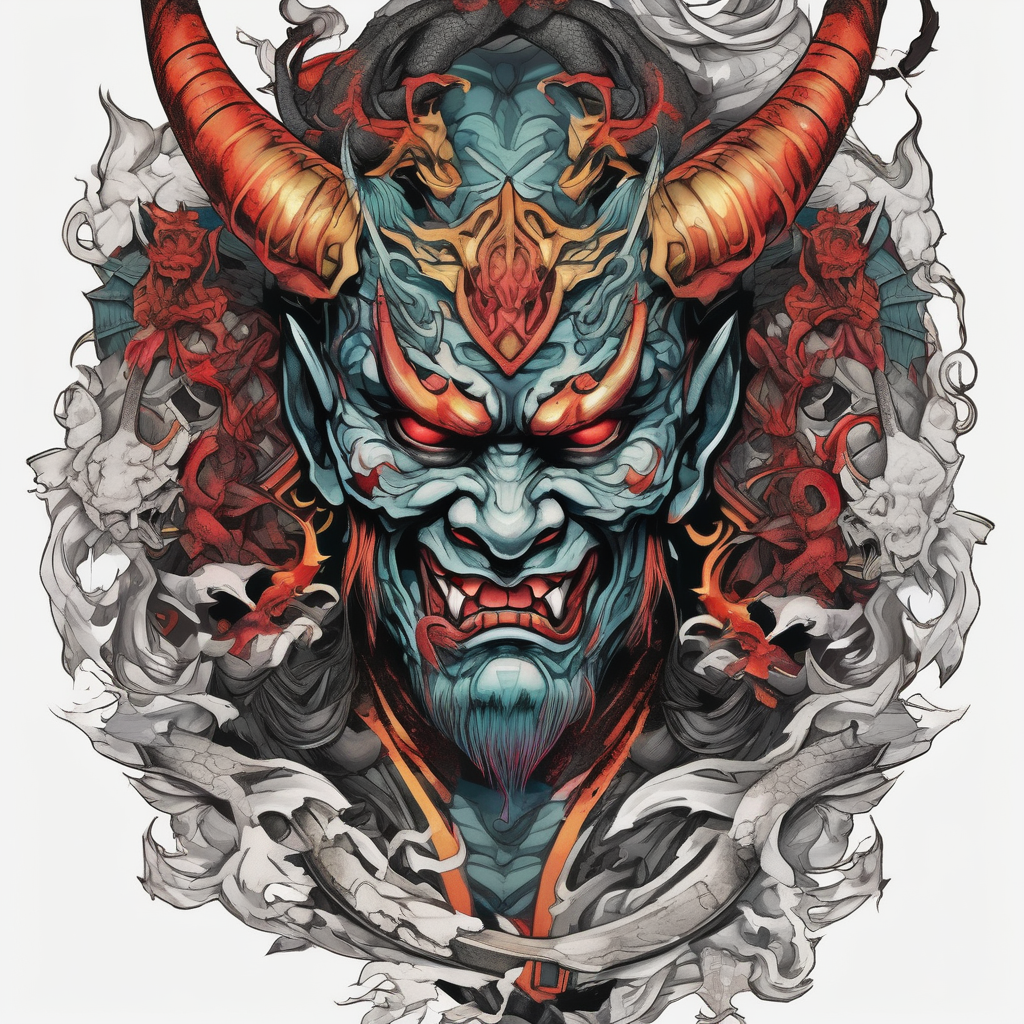 Back Tattoo with An Oni With a broken mask and a Sword, Dragons & snakes geometric maple leaf tattoo, diseño de tatuaje Boceto generado con IA